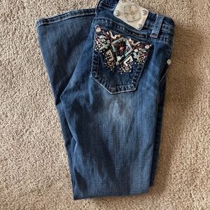 Miss Me Mid Rise Easy Crop Dark Blue Boot Cut Jeans with Aztec Embroidery
